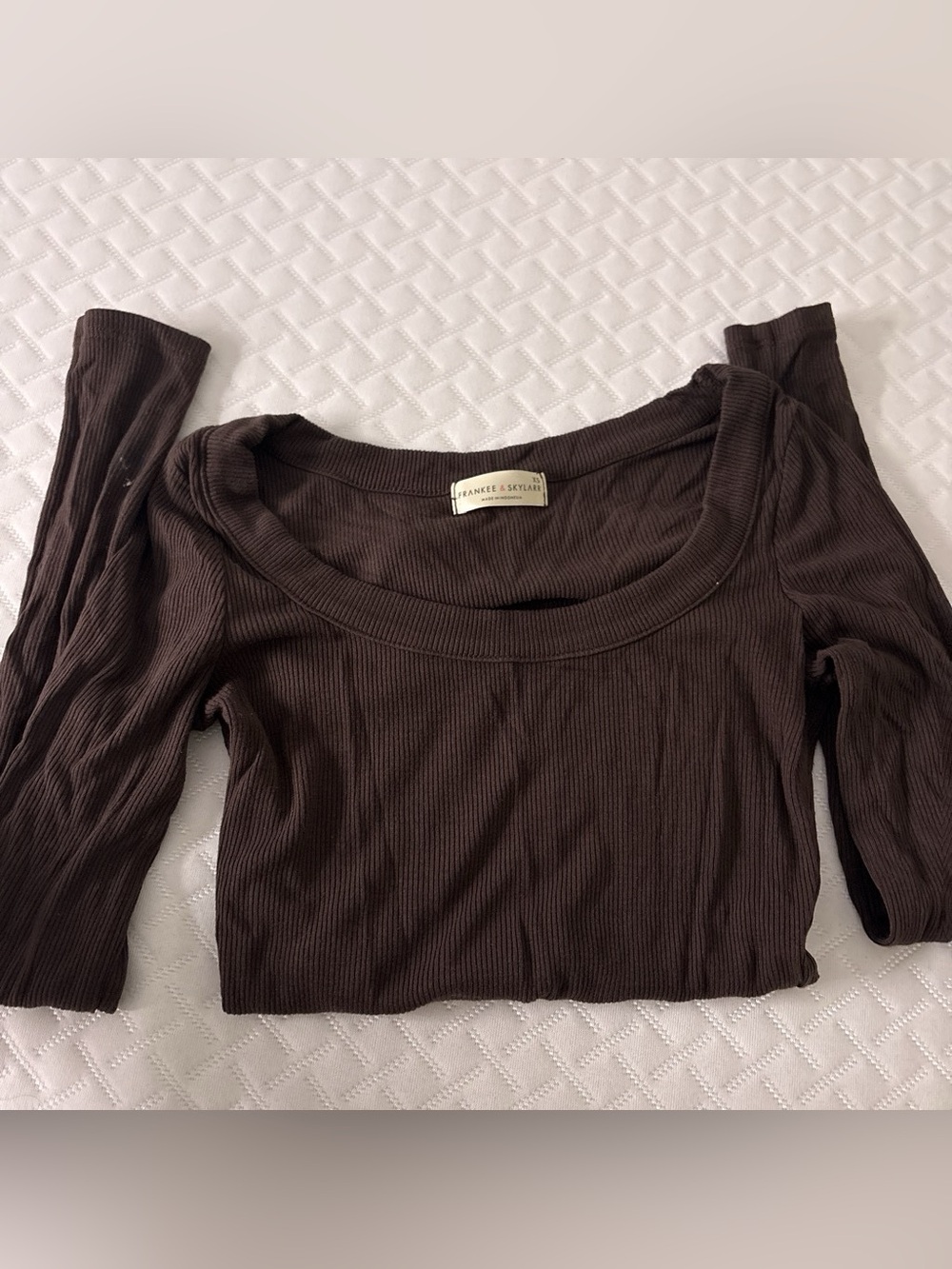 Brown Ribbed Scoop-Neck Long Sleeve Top